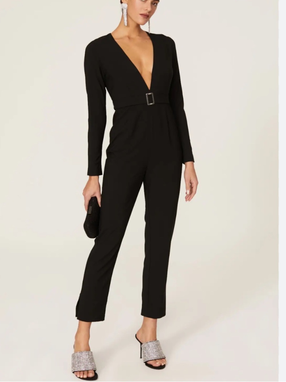Hutch black deep v neck jumpsuit belted straight tailored leg formal sz 8 EUC